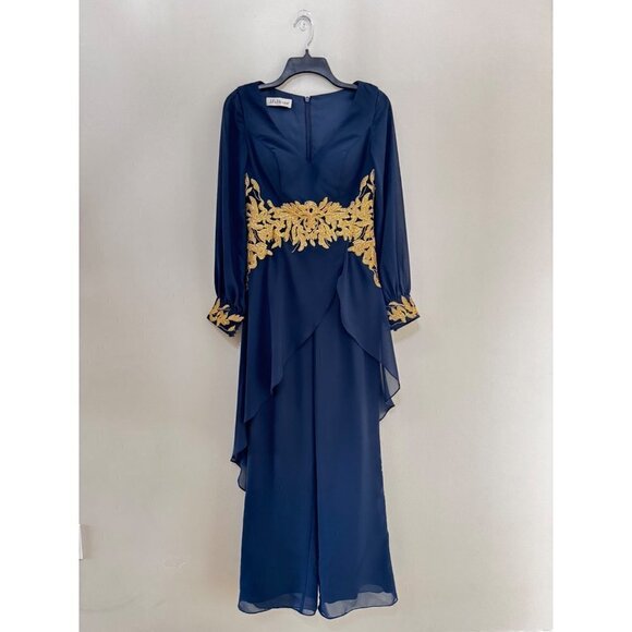 JJ ‘S Jumpsuit/Pantsuit V-Neck Floor-Length Chiffon Evening Dress With Appliques - Picture 8 of 9